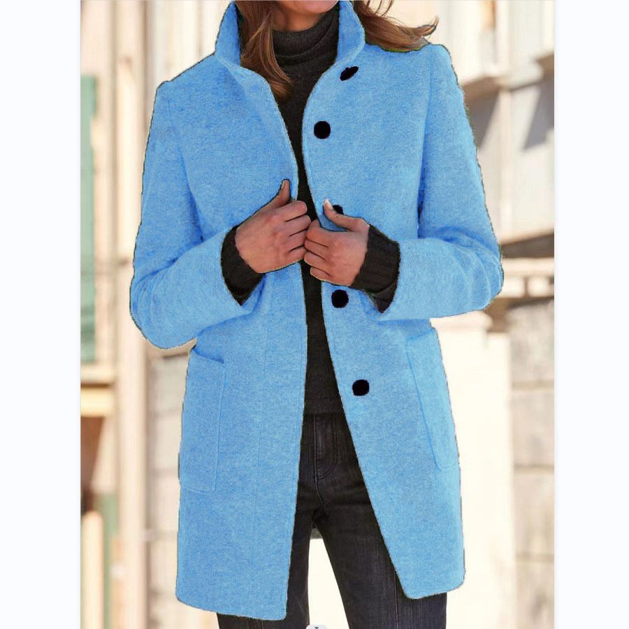 Fashion Stand Collar Woolen Coat With Pockets Fall Winter Casual Button Outwear For Women Clothing – Light Blue