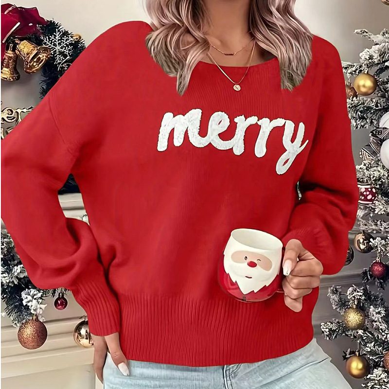 Knitted Women Crew Neck Sweater Loose Pullover Female Jumper Elegant Spring Warm Spring New Year Trendy Christmas Sweater – Red