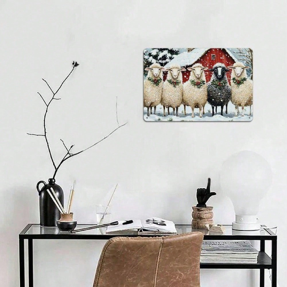 Christmas Red House Sheep Metal Iron Sign, Rustic Winter Snow Wall Decor 12x8 – view 6