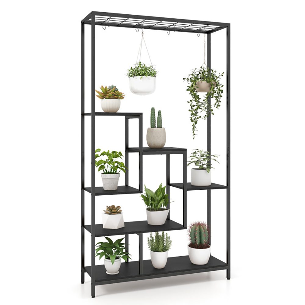 6-Tier Tall Plant Stand 71 Inch Metal Indoor Plant Shelf With 10 Hanging Hooks – Black