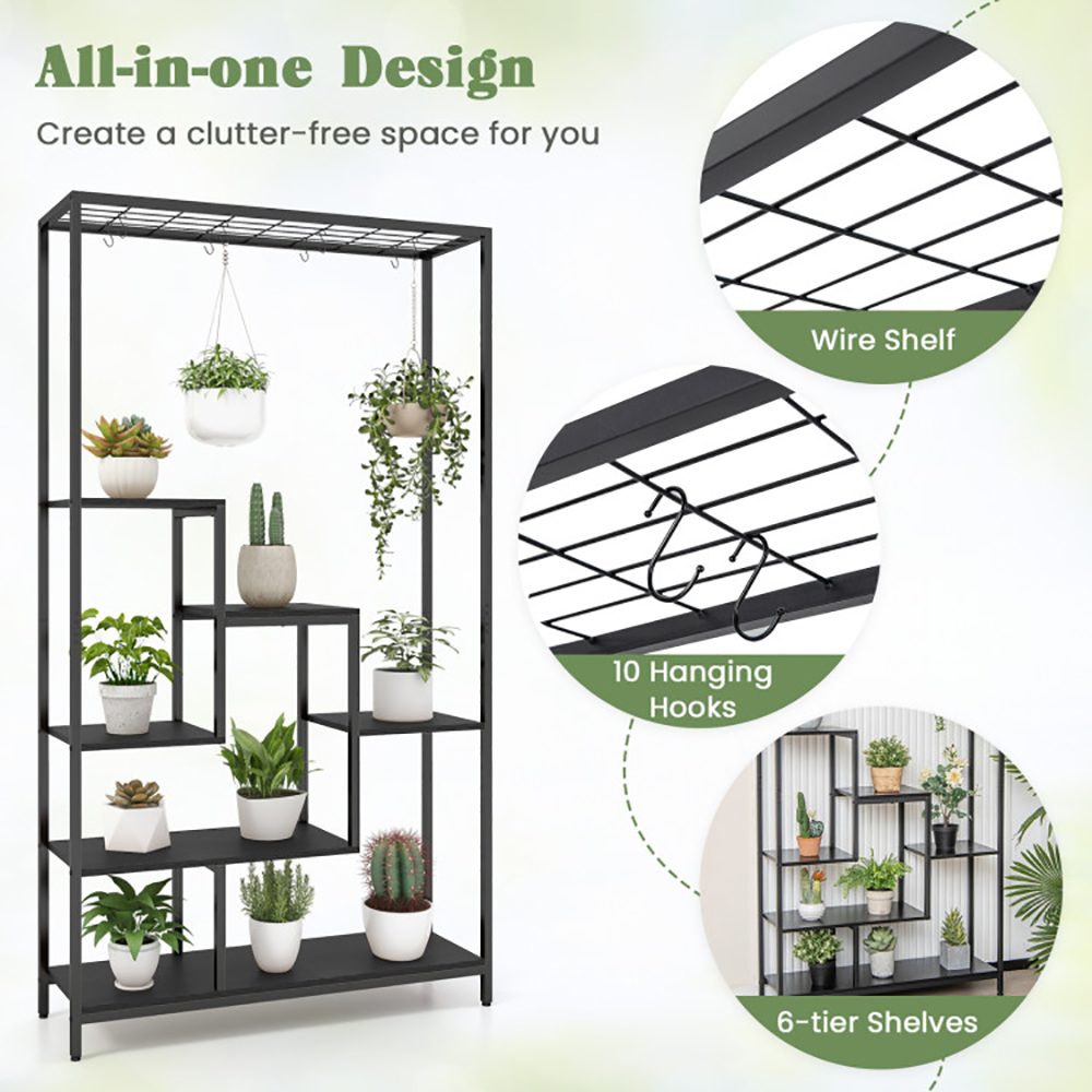6-Tier Tall Plant Stand 71 Inch Metal Indoor Plant Shelf With 10 Hanging Hooks – view 9