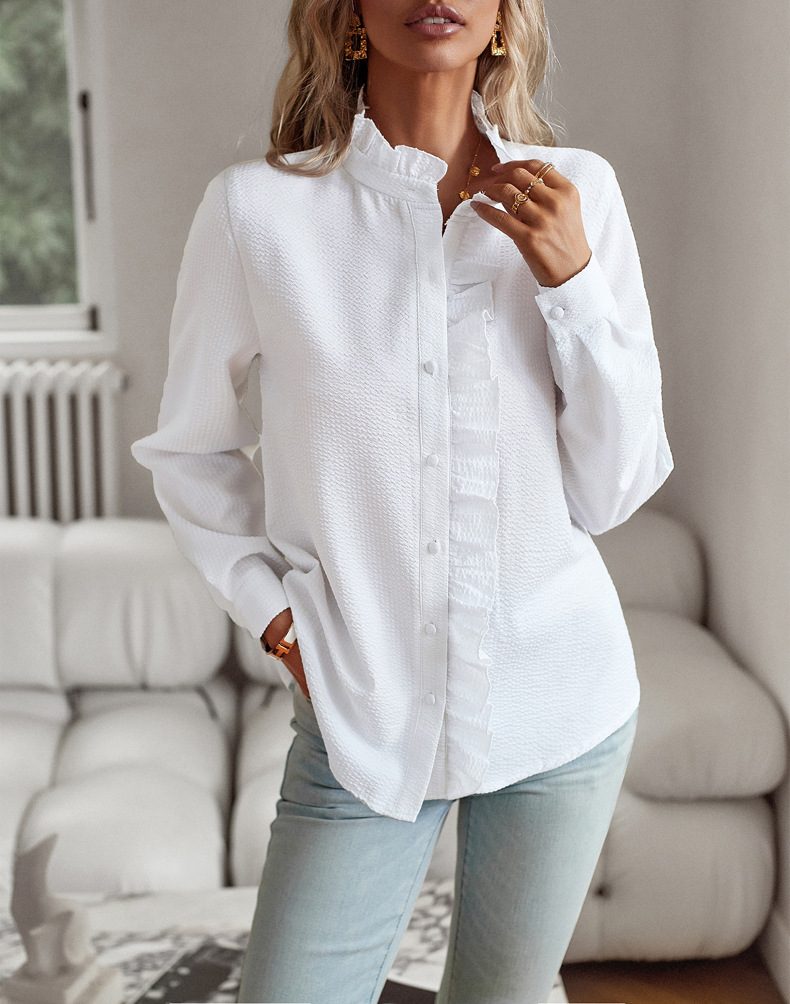 Striped Long Sleeve Shirt Fashion Ruffle Design Button Up Tops Casual Office Blouse Elegant Commuting Women's Clothing – view 18