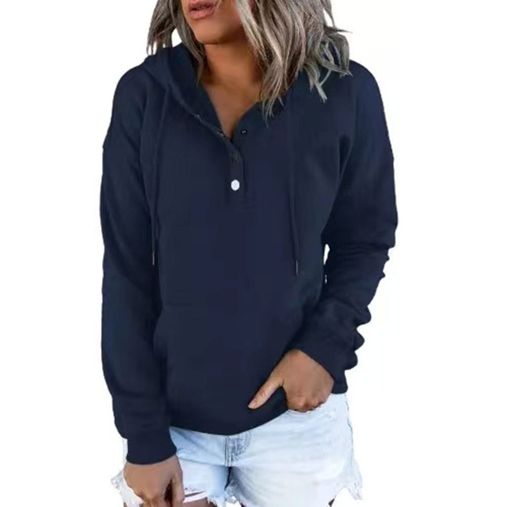 Long-sleeved Hooded Sweatshirt With Pockets Fashion Casual Button Drawstring Design Hoodie Top Spring And Autumn Sports Clothing For Women – Navy Blue