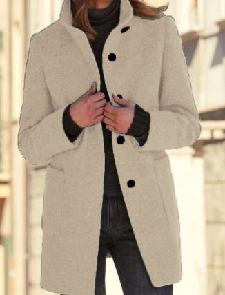 Fashion Stand Collar Woolen Coat With Pockets Fall Winter Casual Button Outwear For Women Clothing – Apricot