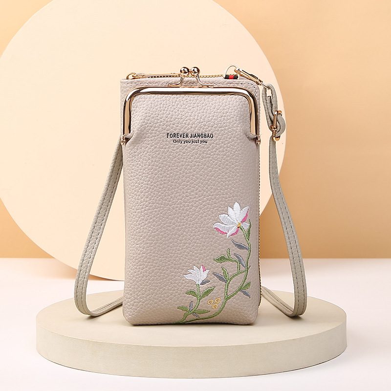 Flower Embroidery Phone Bag With Lock Buckle Outdoor Long Wallet Fashion Shoulder And Crossbody Bags – Gray