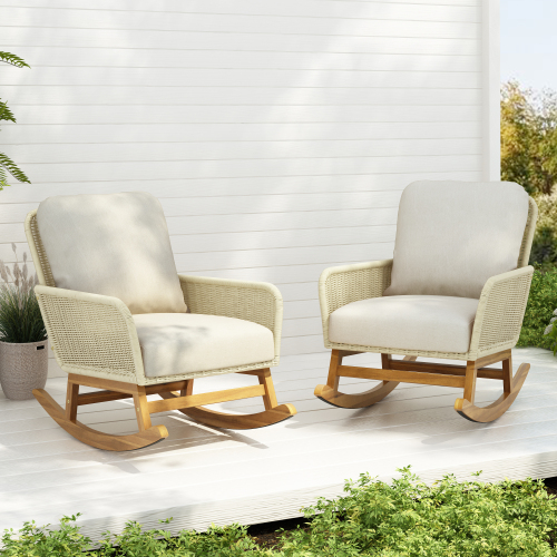 Contemporary Minimalist Ivory Wicker Rocking Chair With Soft Polyester Cushions And Durable Wooden Frame, Perfect For Indoor And Outdoor Spaces Like Patio, Balcony, Or Living Room – Ivory