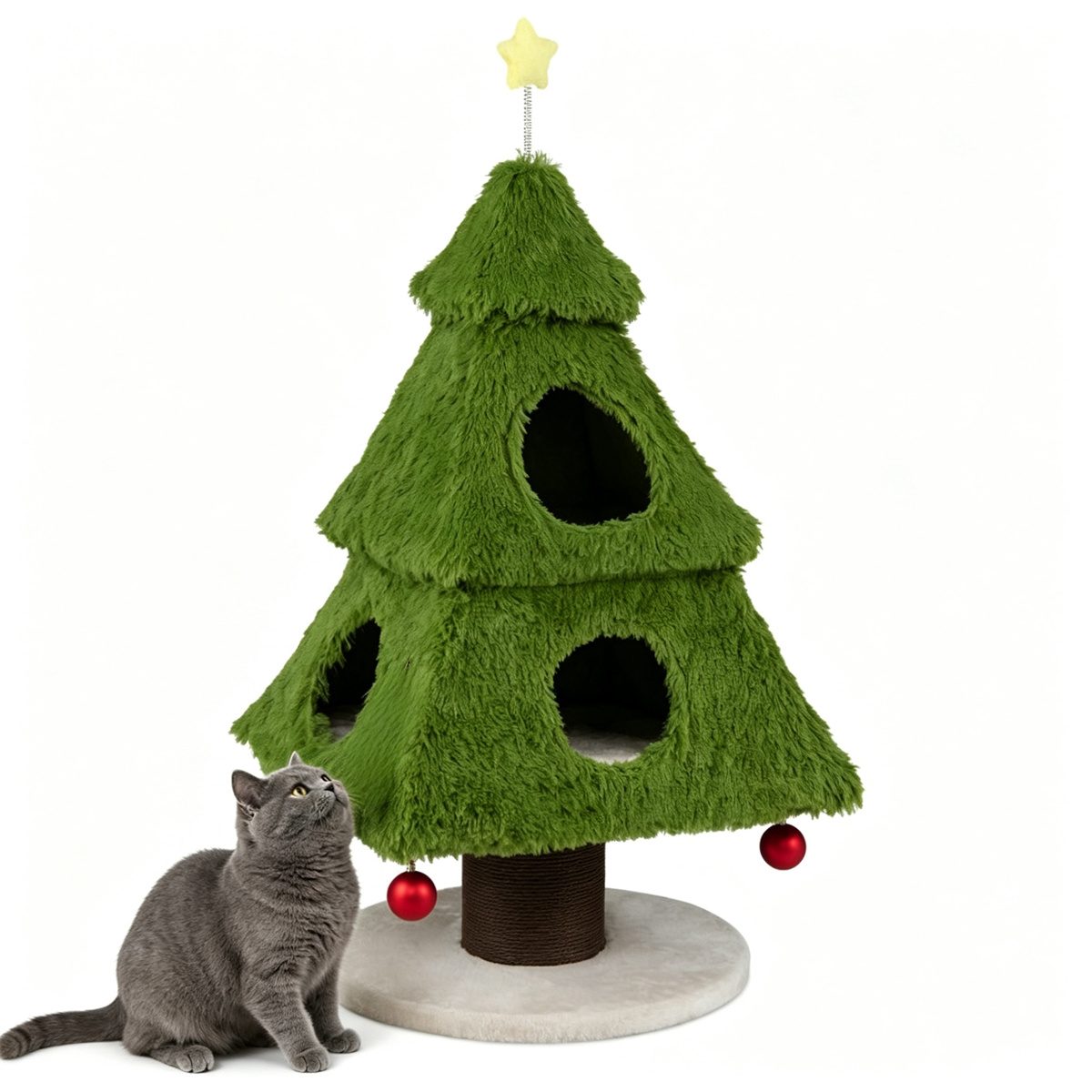3-Tier Christmas Cat Tree Tower, Stable Pyramid Frame Cat Furniture With Dual Access Condo, Paper Rope Scratching Post, Interactive Star & Dangling Balls – view 9