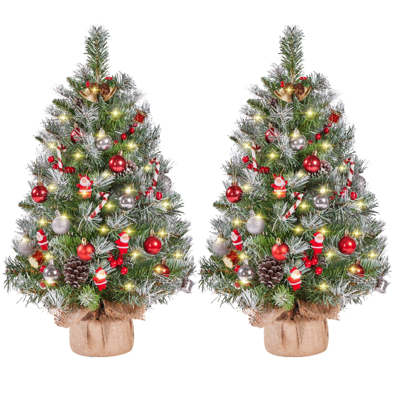 Set Of 2 3 FT Frosted Tabletop Christmas Trees With Warm White LED Lights, Pinecones & Berries, Green – A