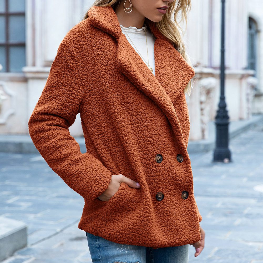 Loose Lapel Fluffy Coat Winter Button Jacket Cardigan Outwear For Women Clothing – Caramel colour
