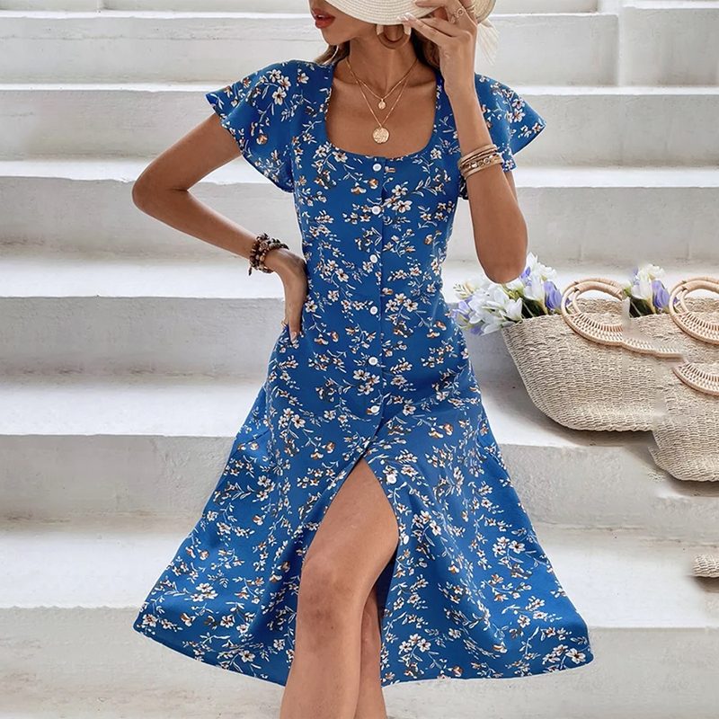 Summer Floral Print Maxi Dress Women Button Up Split Long Flowy Bohemian Beach Party Dresses – Blue