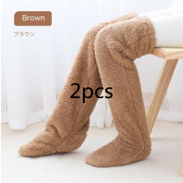 Over Knee High Fuzzy Long Socks Winter Warm Cold Leg Knee Joint Cold-proof Stockings Home Floor Sleeping Socks – Brown2pcs