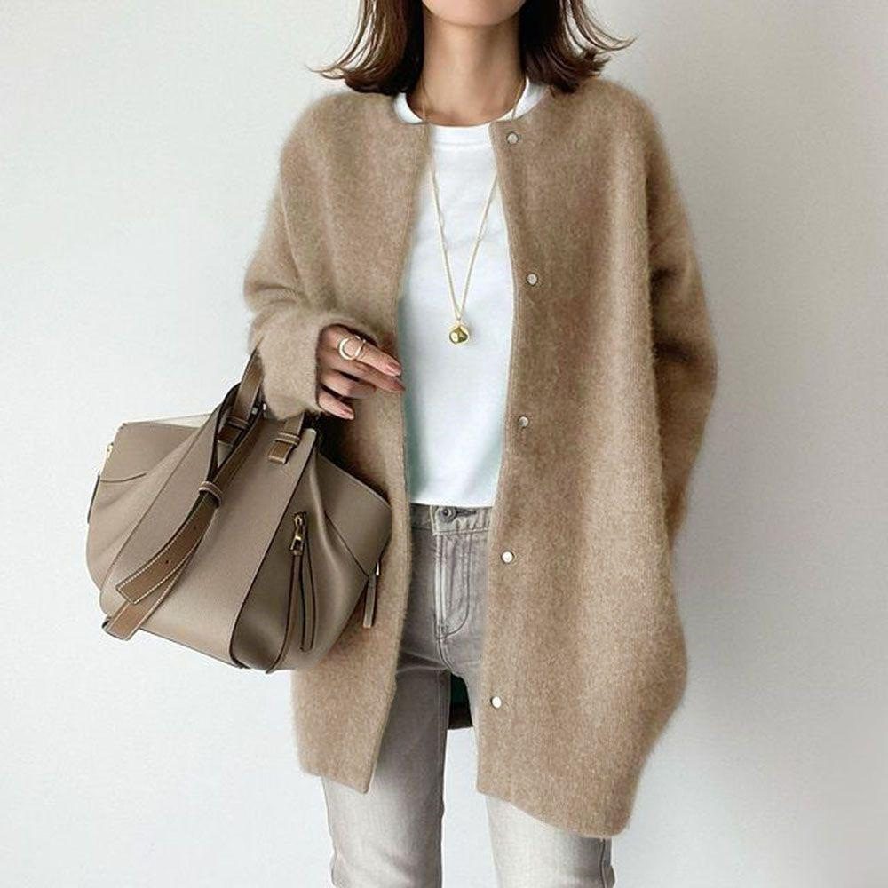 Loose Round Neck Single Breasted Cardigan Fashion Solid Color Coat Jacket Autumn And Winter Women's Clothing – Khaki Knitted Material