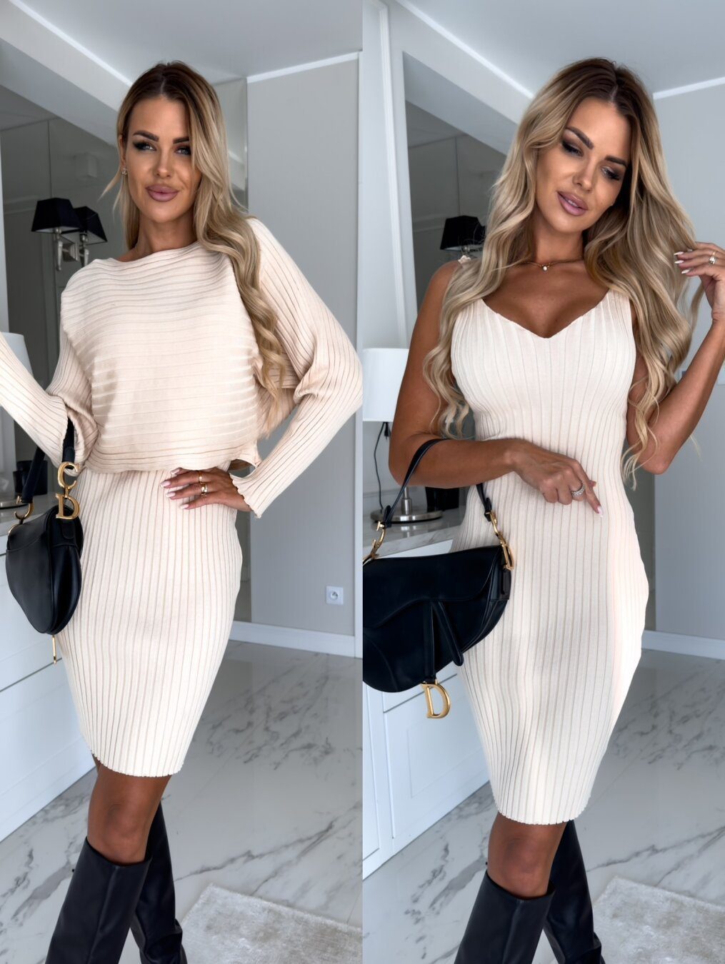2pcs Suit Women's Solid Stripe Long-sleeved Top And Tight Suspender Skirt Fashion Autumn Winter Slim Clothing – Beige
