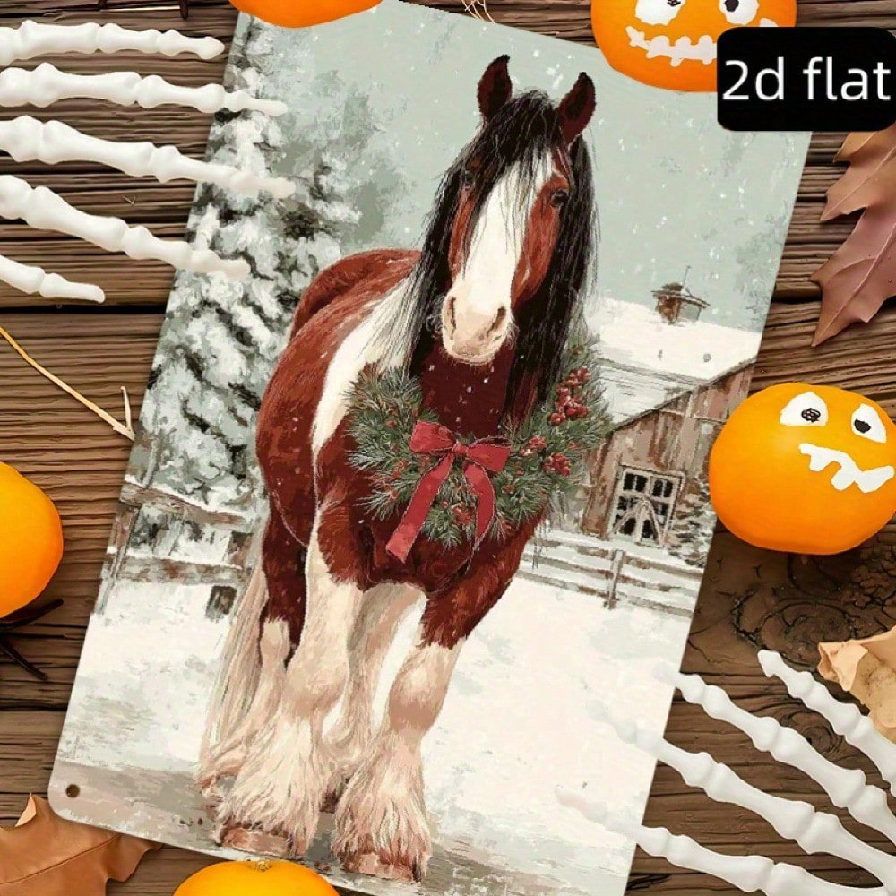Vintage Christmas Horse Metal Tin Sign 8x12, Rustic Winter Red Ribbon Wall Art – view 7