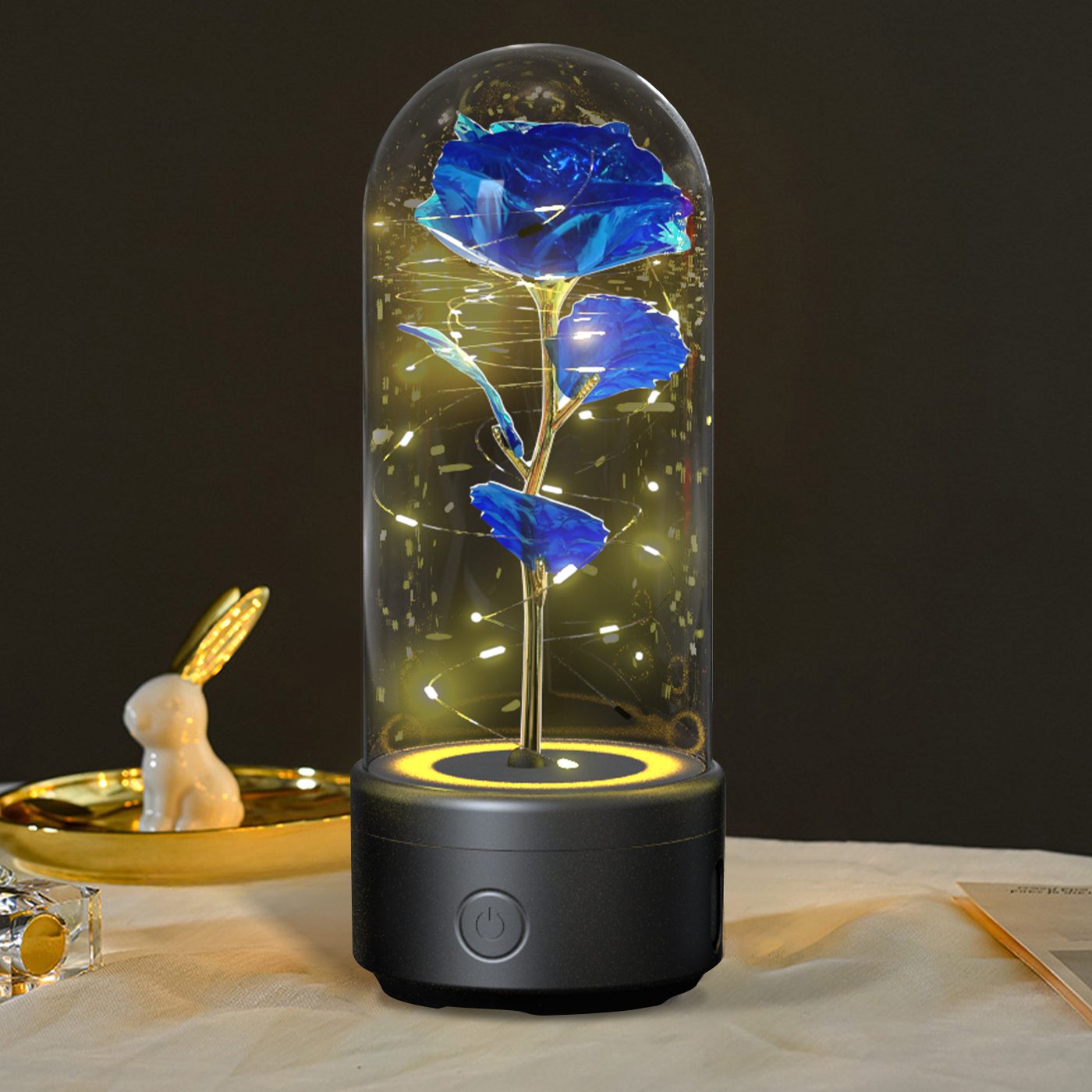 Creative 2 In 1 Rose Flowers LED Light And Bluetooth-compatible Speaker Valentine's Day Gift Rose Luminous Night Light Ornament In Glass Cover – Black Base Blue Flower