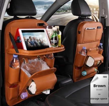 PU Leather Car Storage Bag Multifunction Seat Back Tray Hanging Bag Waterproof Car Organizer Automotive Interior Accessories – Brown