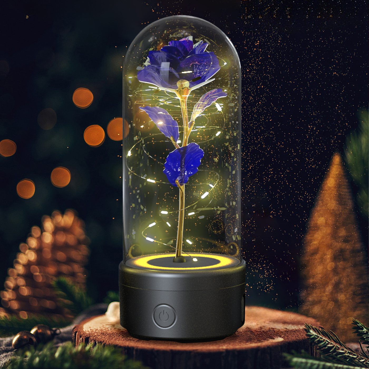 Creative 2 In 1 Rose Flowers LED Light And Bluetooth-compatible Speaker Valentine's Day Gift Rose Luminous Night Light Ornament In Glass Cover – Black Base Purple Flower