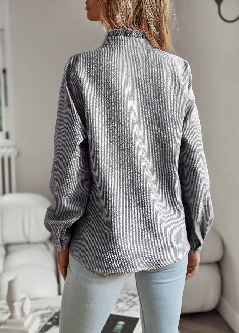 Striped Long Sleeve Shirt Fashion Ruffle Design Button Up Tops Casual Office Blouse Elegant Commuting Women's Clothing – view 20
