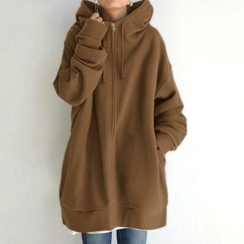 Oversized S-5XL Women Loose Hooded Coats Autumn Female Tie Collar Long Sleeve Zipper Up Add Velvet Long Sweatshirt – Coffee