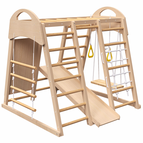 Indoor Playground 7-in-1 Jungle Gym Playset For Kids 2-6yrs - Slide, Climbing Wall, Rope Wall Climber, Monkey Bars, Swing - Waldorf And Montessori Style Wooden Climb Set. – view 4