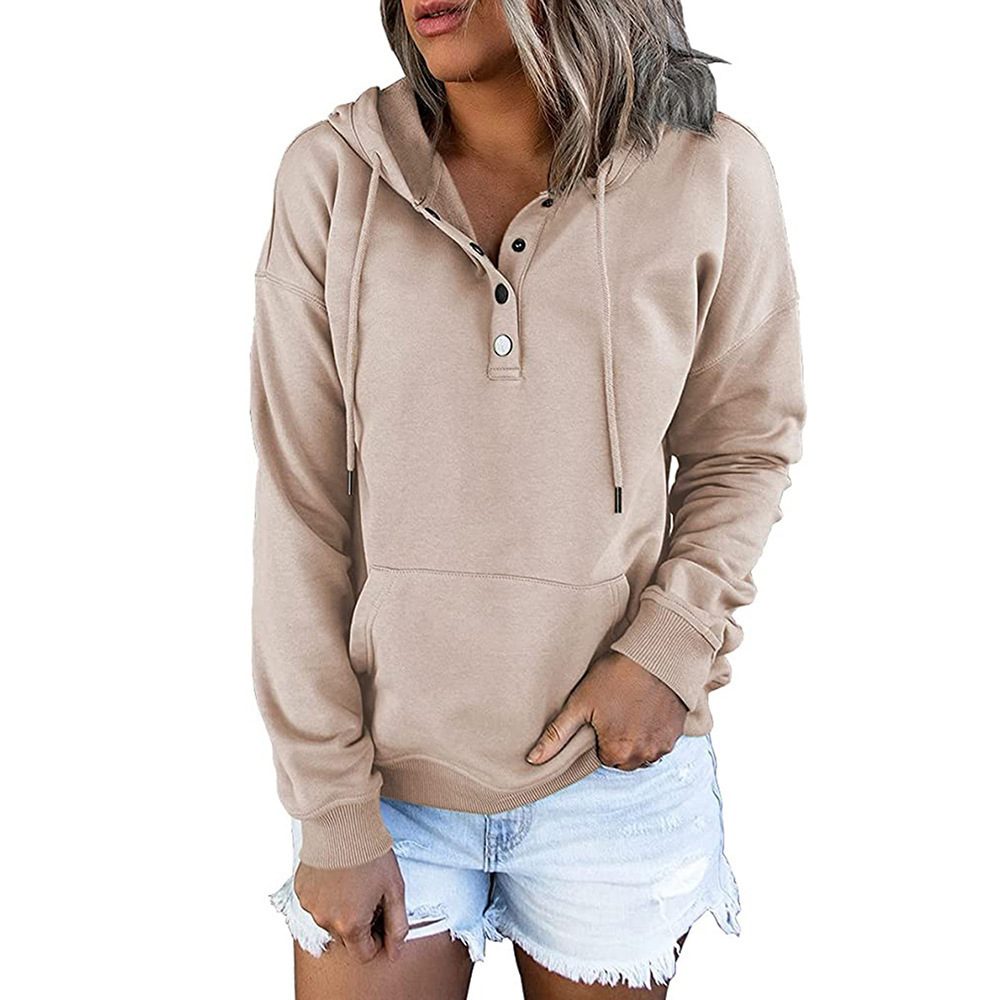 Long-sleeved Hooded Sweatshirt With Pockets Fashion Casual Button Drawstring Design Hoodie Top Spring And Autumn Sports Clothing For Women – Apricot