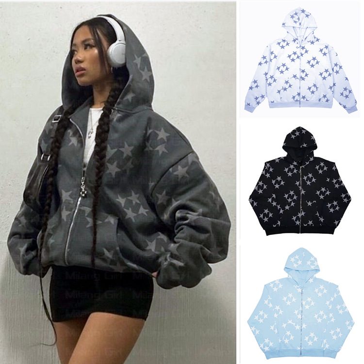 Stars Printed Zipper Hooded Cardigan Couple Fashion Outerwear Hoodies Sweatshirt Street Men Women Coat – view 8