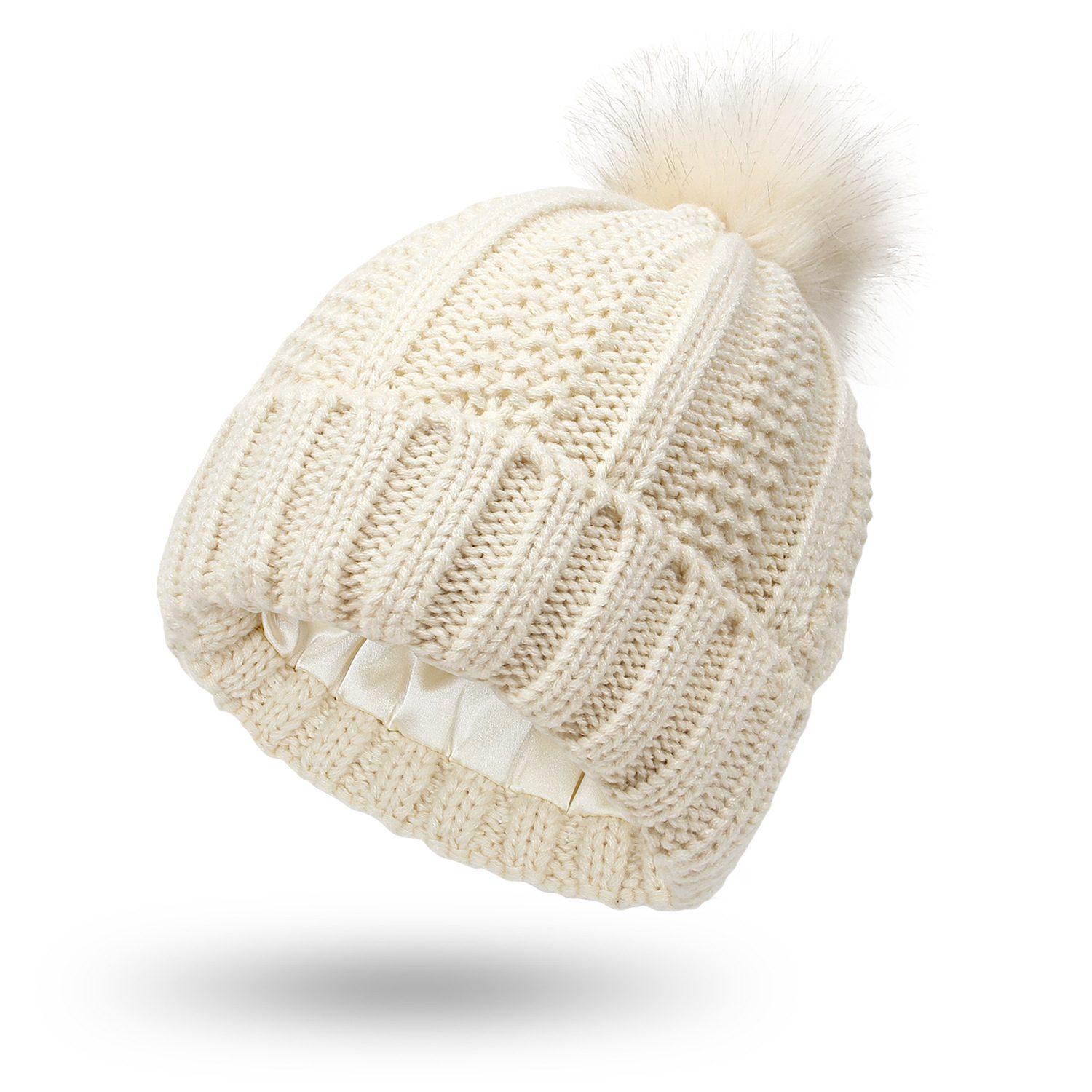 Winter Knitted Hats Fashion Stretchy Lined Skull Hats For Women Faux Fur Pom Pom Hat Keep Warming Beanie Hat – Beige
