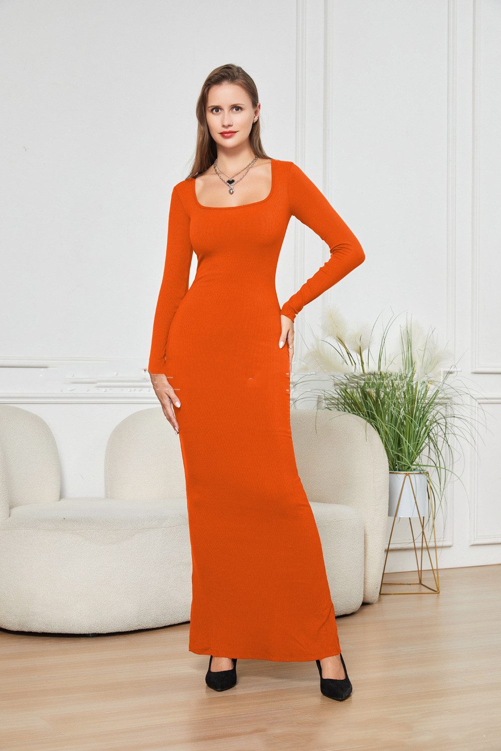 Two-in-one With Lining Double-layer Belly Contracting Hip Lifting Long Sleeve Narrow Dress – Orange
