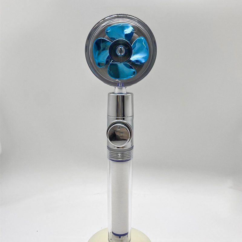 Shower Head Water Saving Flow 360 Degrees Rotating With Small Fan ABS Rain High Pressure Spray Nozzle Bathroom Accessories – Blue transparent tube
