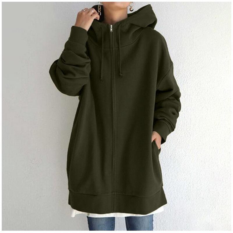 Oversized S-5XL Women Loose Hooded Coats Autumn Female Tie Collar Long Sleeve Zipper Up Add Velvet Long Sweatshirt – Army Green