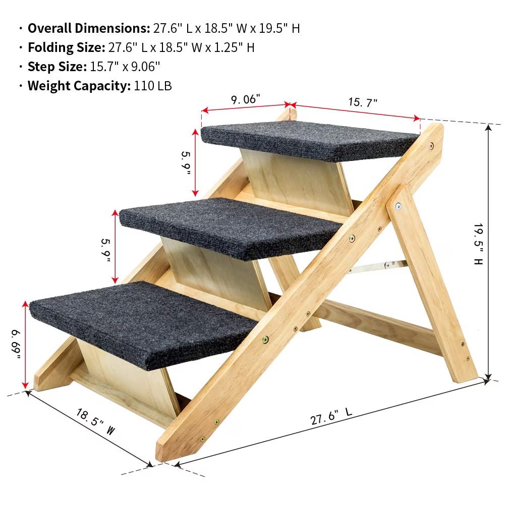 Wood Pet Stairs Pet Steps Foldable 3 Levels Dog Stairs Ramp Perfect For Beds And Cars Portable Dog Cat Ladder Up To 110 Pounds – view 2
