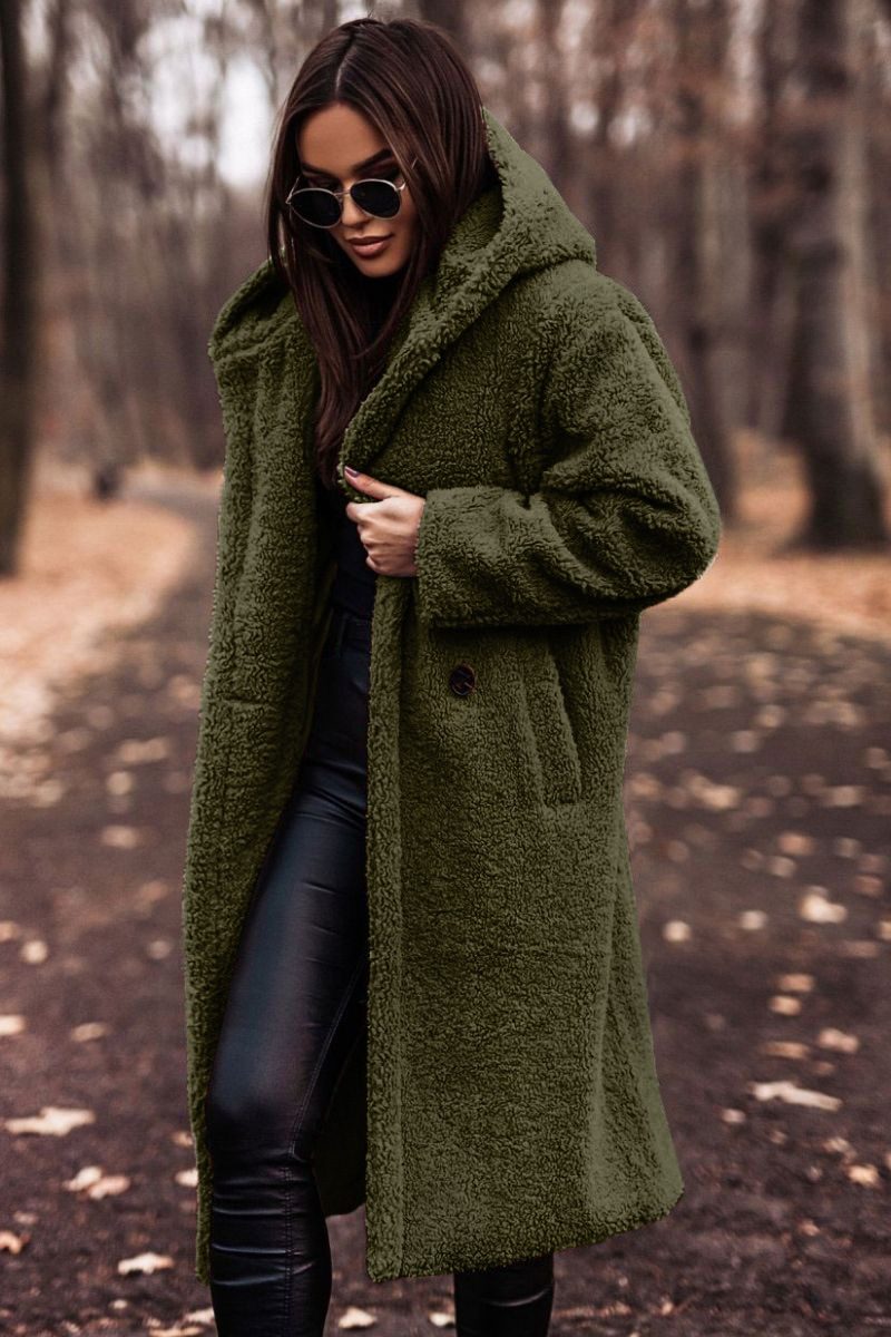 Elegant Long Coat Woman Plush Warm Faux Fleece Coat Autumn Winter Fashion Teddy Jacket Female Teddy Coat Outwear Ladies – Army Green
