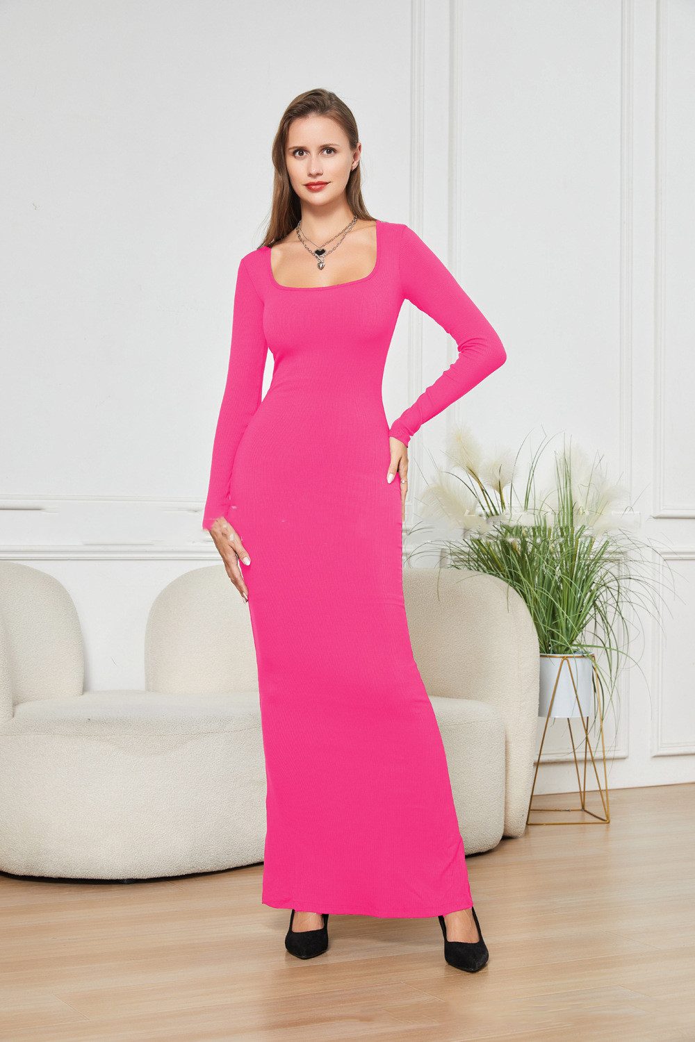 Two-in-one With Lining Double-layer Belly Contracting Hip Lifting Long Sleeve Narrow Dress – Pink