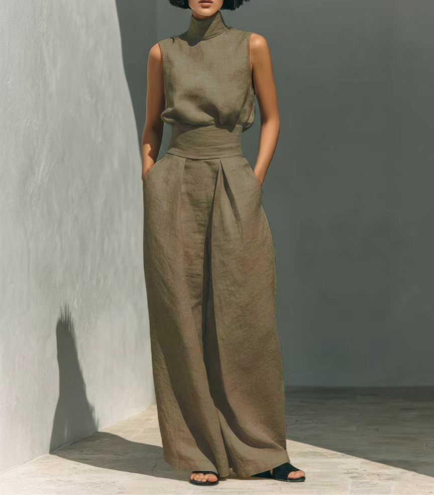 Casual Sleeveless Suit Summer Stand-up Collar Pullover Top And Loose Straight-leg Trousers Women's Clothing – Teal color