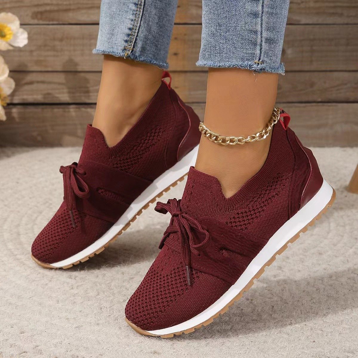New Lace Up Mesh Flats Shoes For Women Breathable Casual Breathable Walking Wedges Shoes – Red