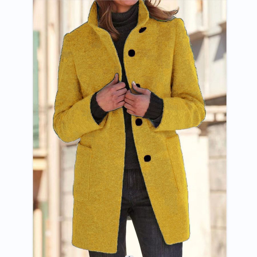 Fashion Stand Collar Woolen Coat With Pockets Fall Winter Casual Button Outwear For Women Clothing – Yellow