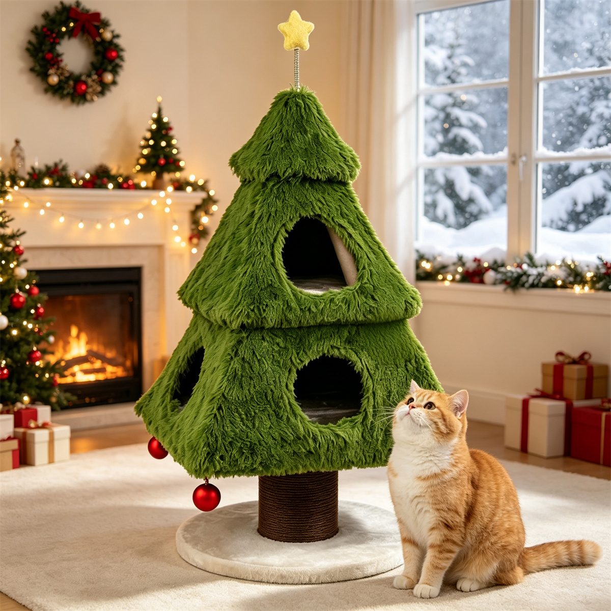 3-Tier Christmas Cat Tree Tower, Stable Pyramid Frame Cat Furniture With Dual Access Condo, Paper Rope Scratching Post, Interactive Star & Dangling Balls – view 7