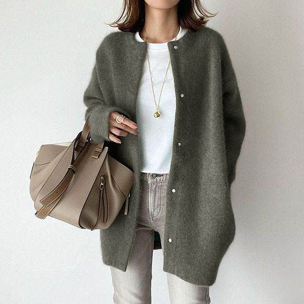 Loose Round Neck Single Breasted Cardigan Fashion Solid Color Coat Jacket Autumn And Winter Women's Clothing – Olive Green Knitted Material