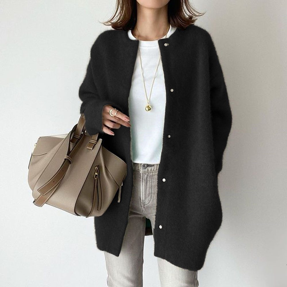 Loose Round Neck Single Breasted Cardigan Fashion Solid Color Coat Jacket Autumn And Winter Women's Clothing – Black Knitted Material