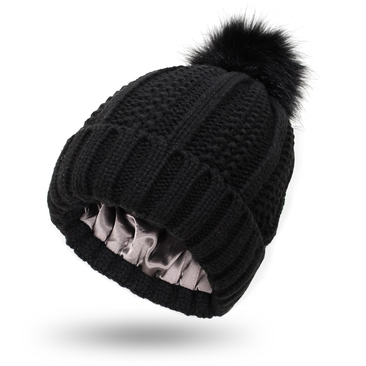 Winter Knitted Hats Fashion Stretchy Lined Skull Hats For Women Faux Fur Pom Pom Hat Keep Warming Beanie Hat – Black