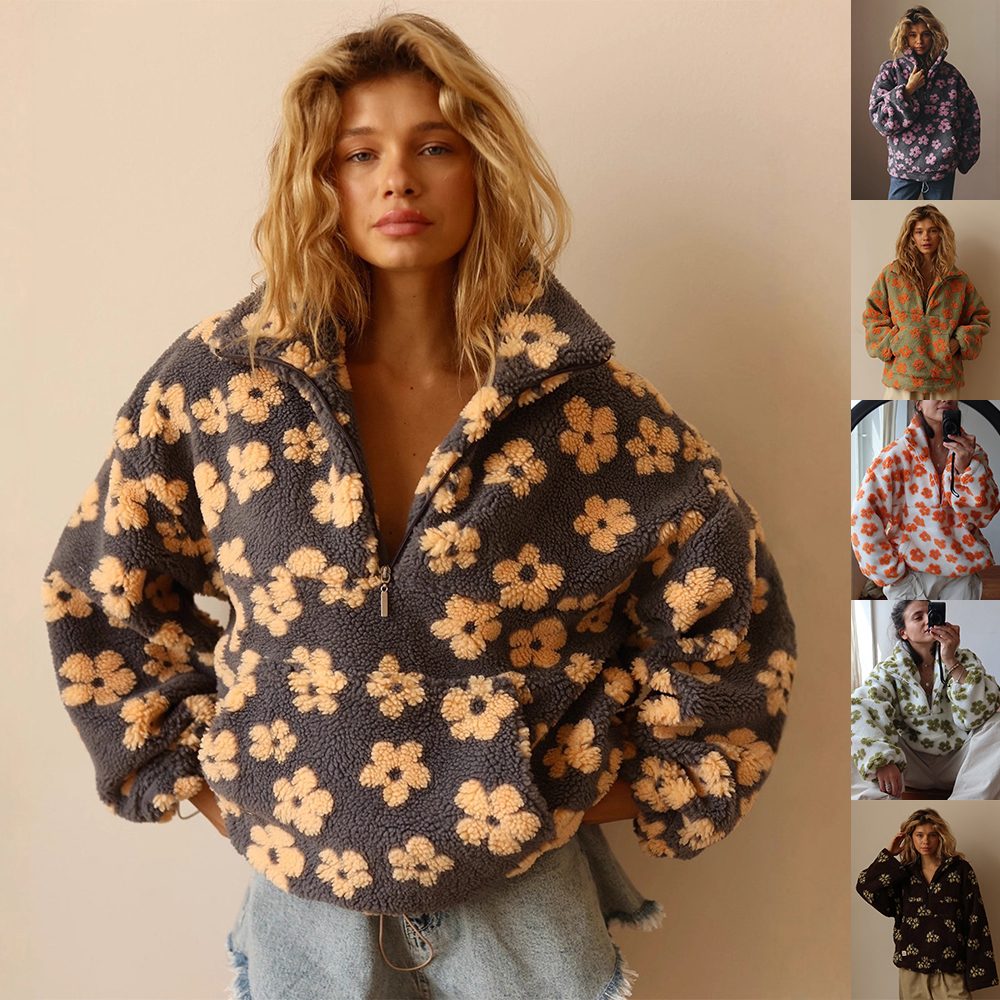 Winter Flowers Lambskin Sweatshirt With Big Pocket Casual Loose Zip-up Lapel Pullover Top Women's Clothing – view 13