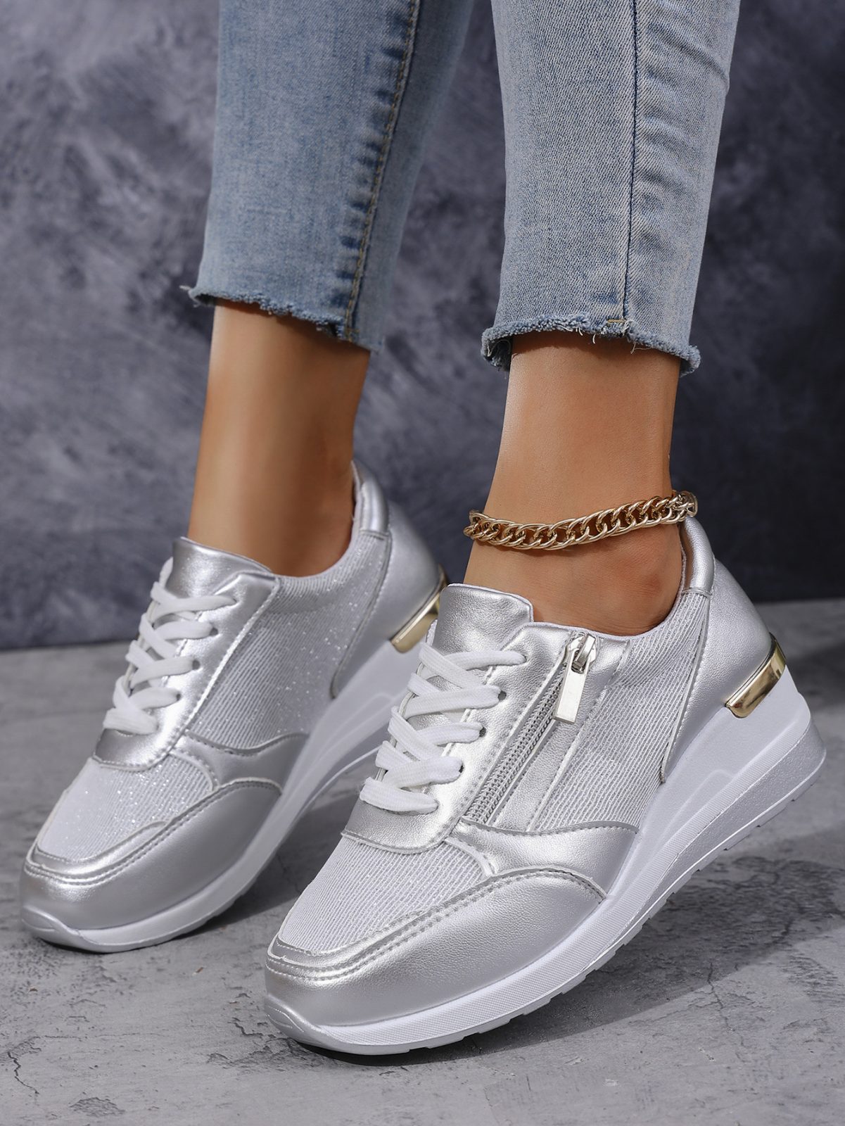 Women's Lace-up Casual Shoes FFashion Side Zipper Design Thick-soled Shoes Walking Running Sports Sneakers – Silver