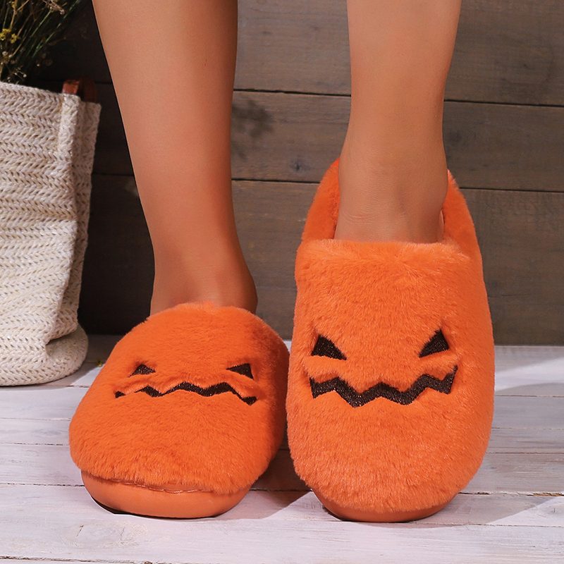 Cute Halloween Pumpkin Slippers Winter Warm Plush Bedroom Floor Home Slippers Casual Slip On Comfortable Cozy Indoor House Shoes – Orange