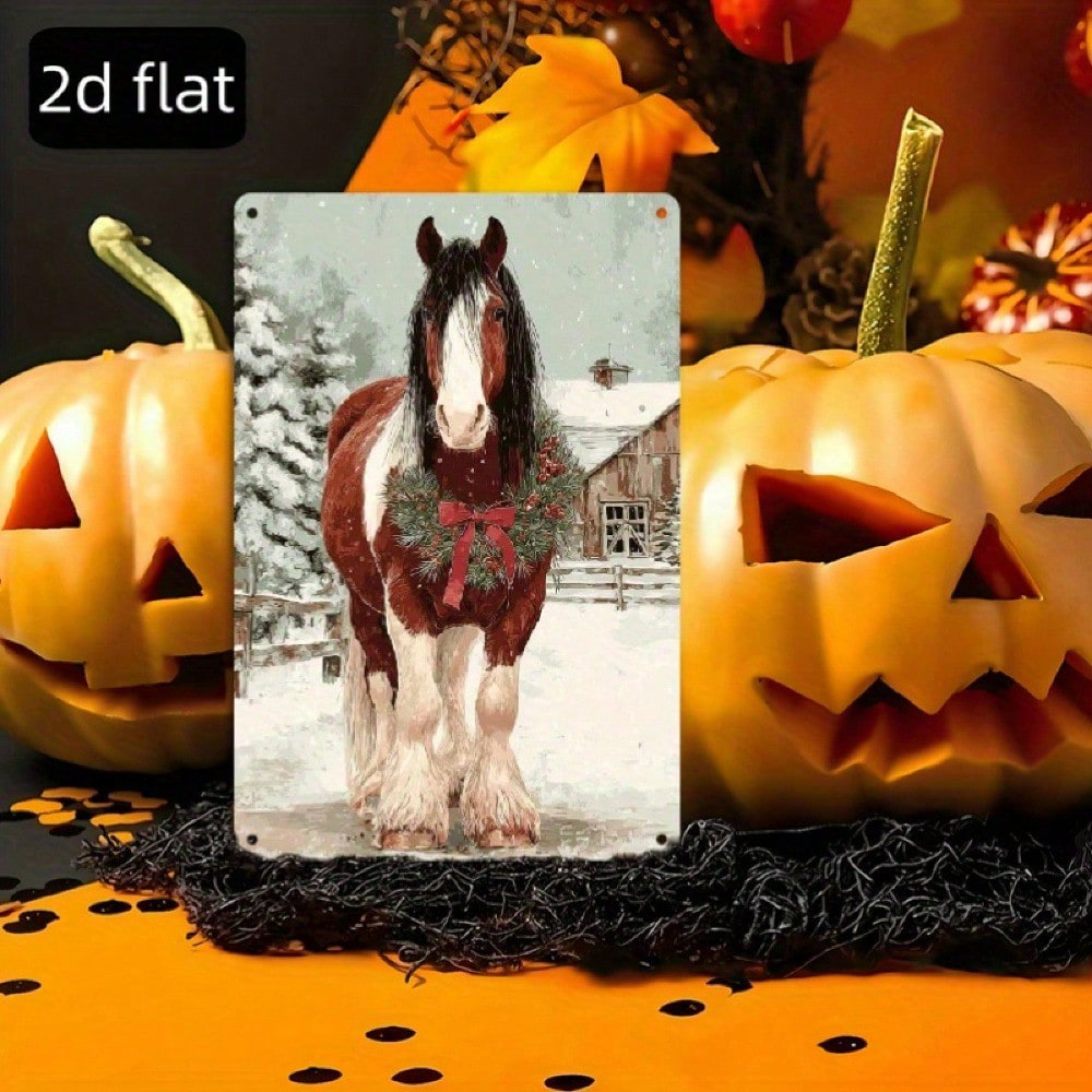 Vintage Christmas Horse Metal Tin Sign 8x12, Rustic Winter Red Ribbon Wall Art – view 5