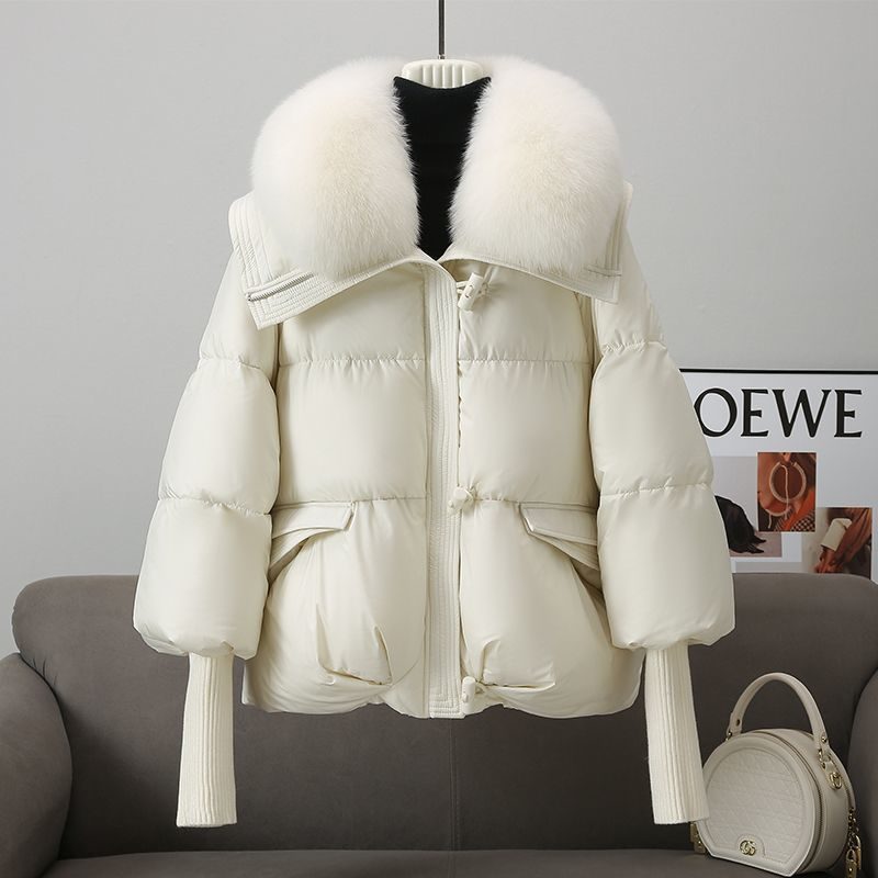 Down Cotton-padded Jacket Women's Short Fur Collar Thickened Coat Winter Clothing – White