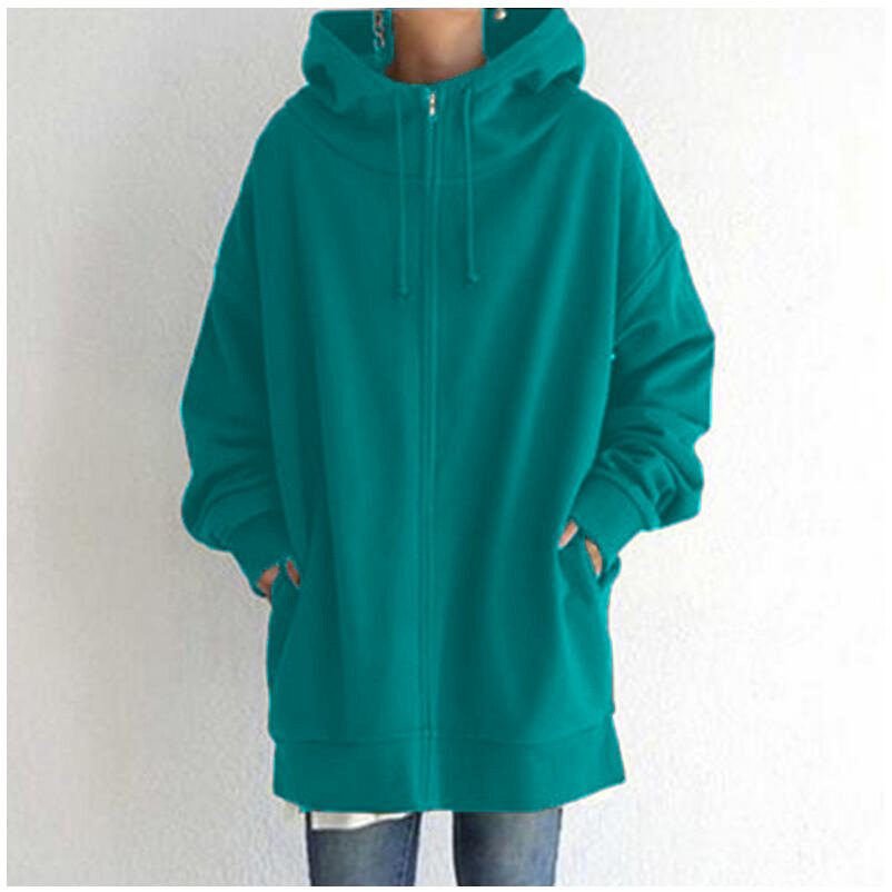 Oversized S-5XL Women Loose Hooded Coats Autumn Female Tie Collar Long Sleeve Zipper Up Add Velvet Long Sweatshirt – Grass green
