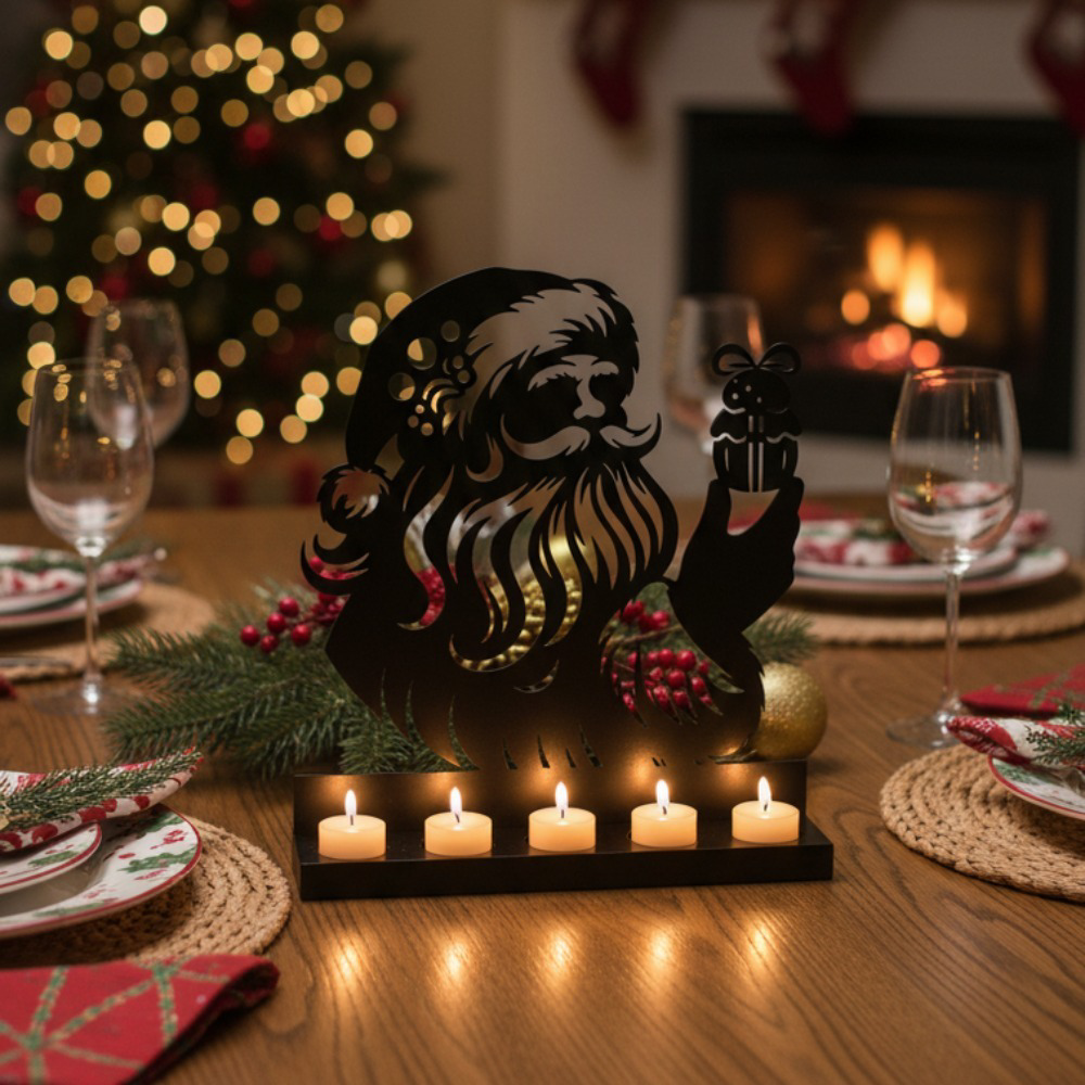 Santa Claus Rustproof Iron Candle Holder Rustic Farmhouse Holiday Table Centerpiece Cozy, Winter Decor, for Fireplace Mantel Thoughtful, Gift for Family – view 2