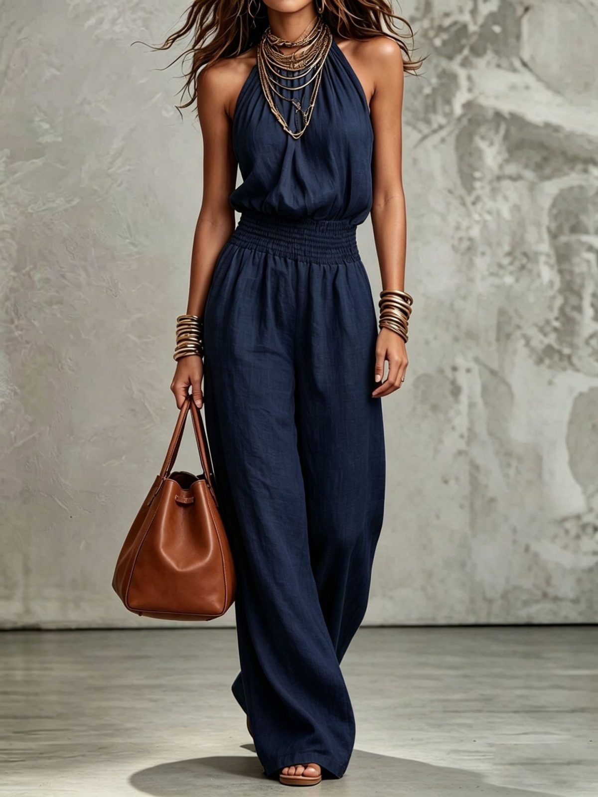 Womens Sleeveless Jumpsuit Backless Lace-up Halter Overall Pants Wide-leg Straight Onesie Trousers – Navy Blue