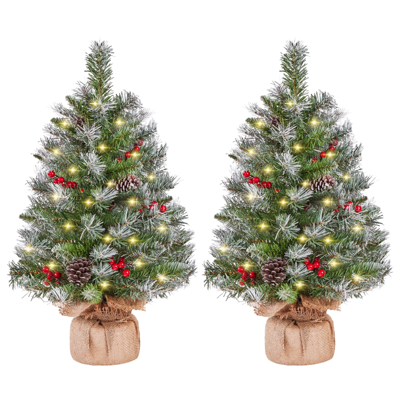 Set Of 2 2 FT Frosted Tabletop Christmas Trees With Warm White LED Lights, Pinecones & Berries, Green – A