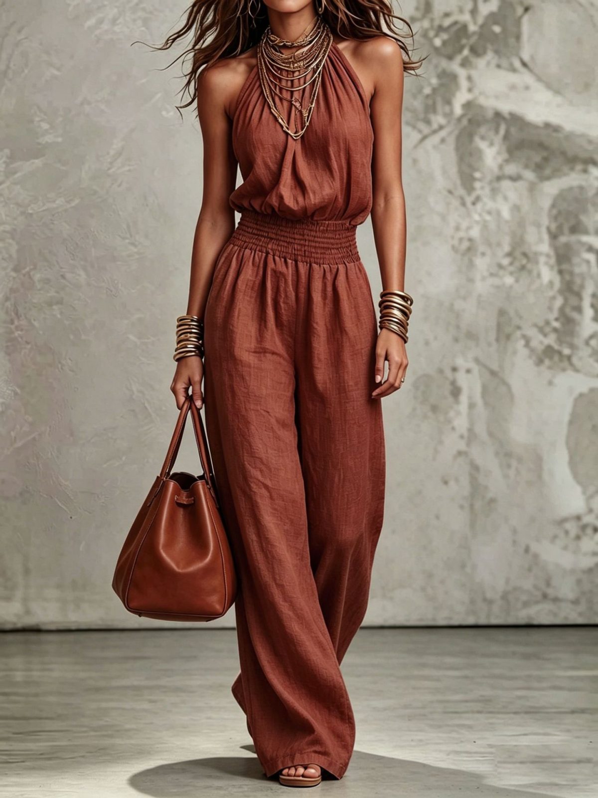 Womens Sleeveless Jumpsuit Backless Lace-up Halter Overall Pants Wide-leg Straight Onesie Trousers – Brown